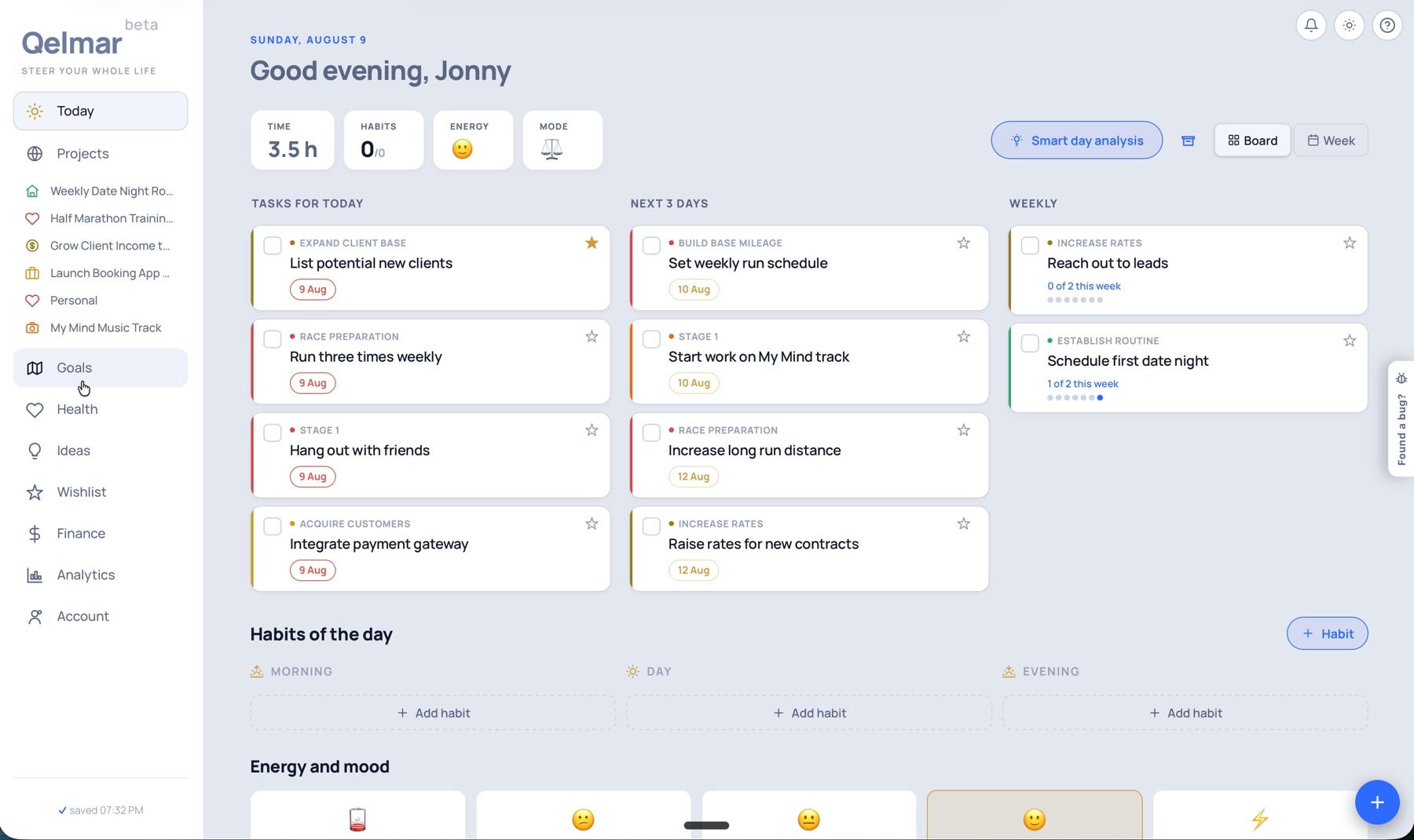 Qelmar — Today screen: tasks, habits, energy and day mode